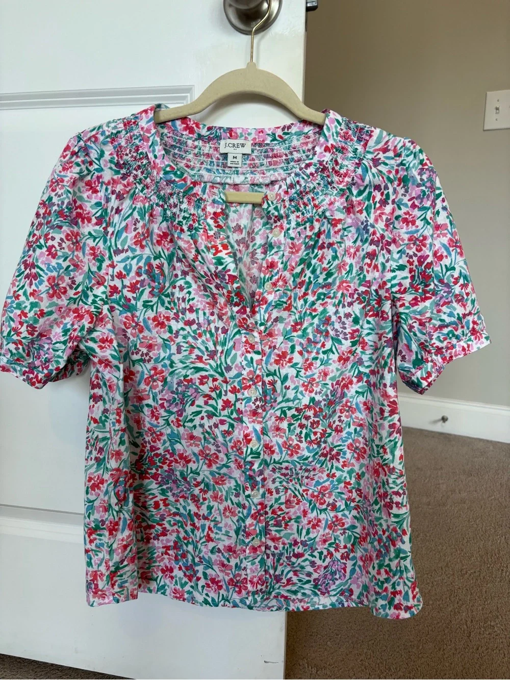 J. Crew Pink, Green & White Floral Short-Sleeve Blouse